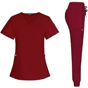 NWOT niaahinn Scrub Set Modern V-neck & Drawstring Jogger Pants w/Ribbed Cuff, S